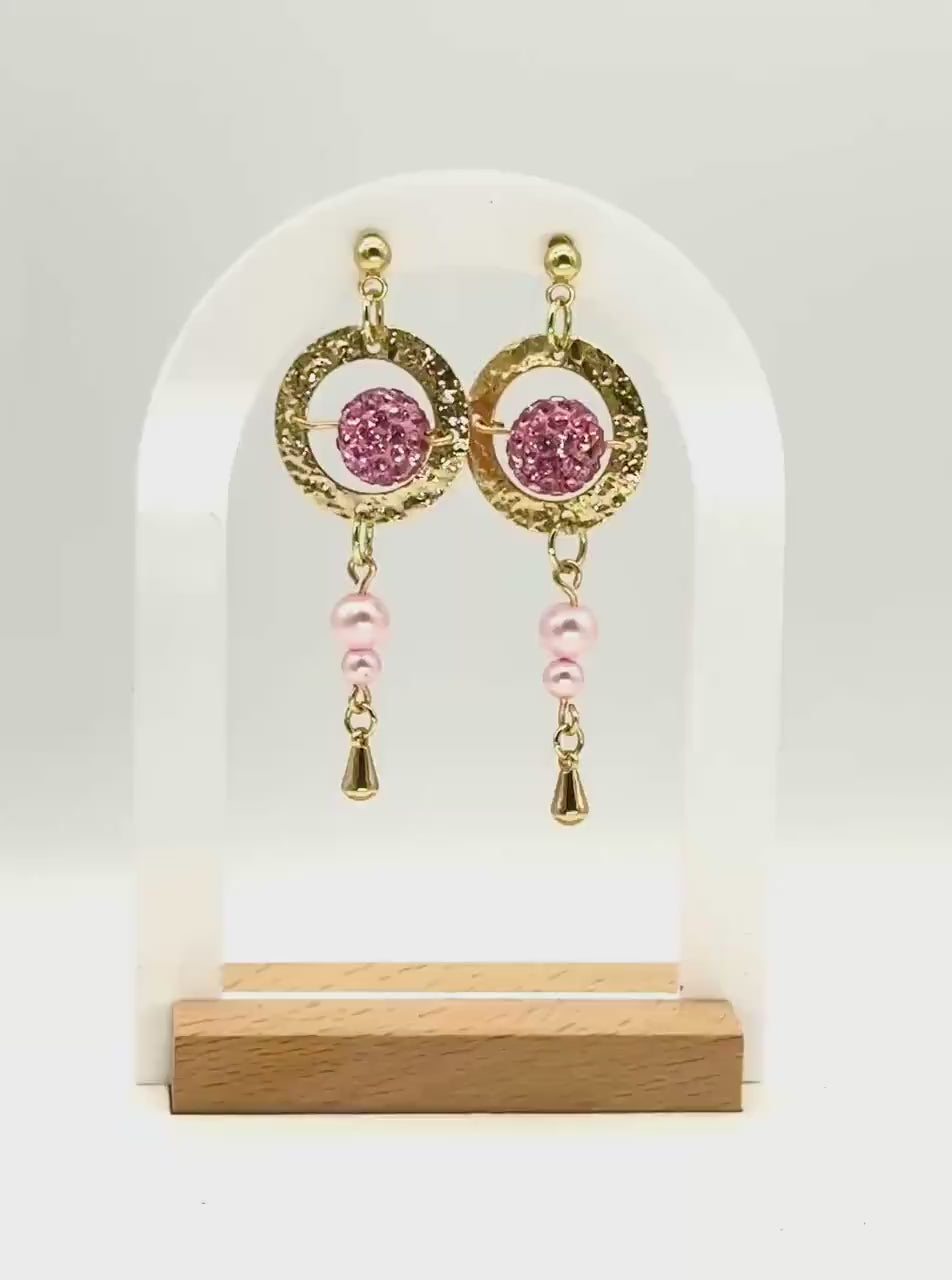 Gold & Pink Bead Drop Earrings – Hammered Hoop Dangles, Feminine Gift