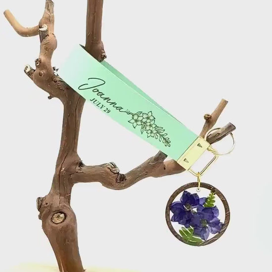 Personalized Birth Flower Keychain: Faux Leather Strap, Resin Flower Charm
