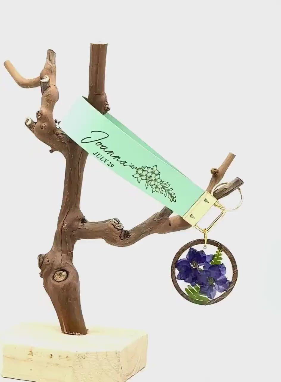 Personalized Birth Flower Keychain: Faux Leather Strap, Resin Flower Charm