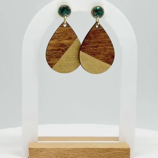 Wooden Teardrop Earrings: Green Glitter Studs, Gold Accent