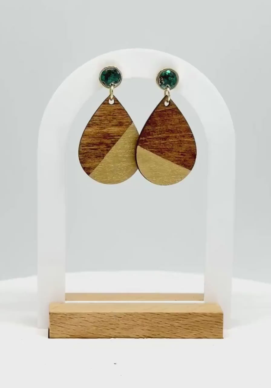 Wooden Teardrop Earrings: Green Glitter Studs, Gold Accent