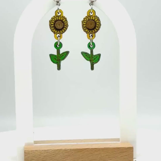 Sunflower Earrings – Hand-Painted Woodcut, Engraved, Yellow & Green, Country Southern Flower