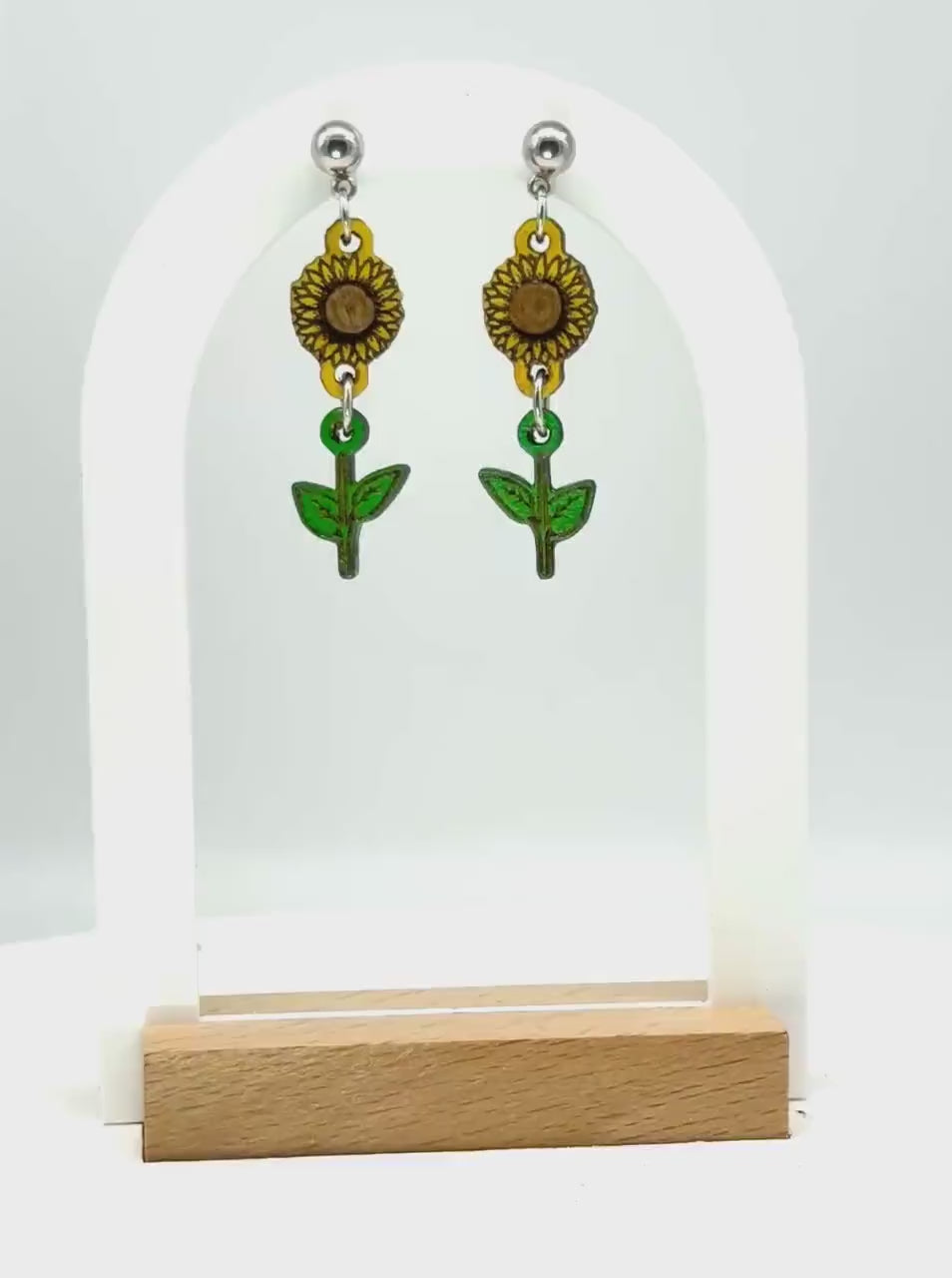 Sunflower Earrings – Hand-Painted Woodcut, Engraved, Yellow & Green, Country Southern Flower