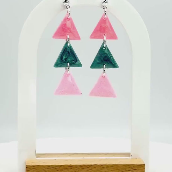 Resin Statement Earrings: Geometric Triangle Dangles, Pink & Teal Retro Flair