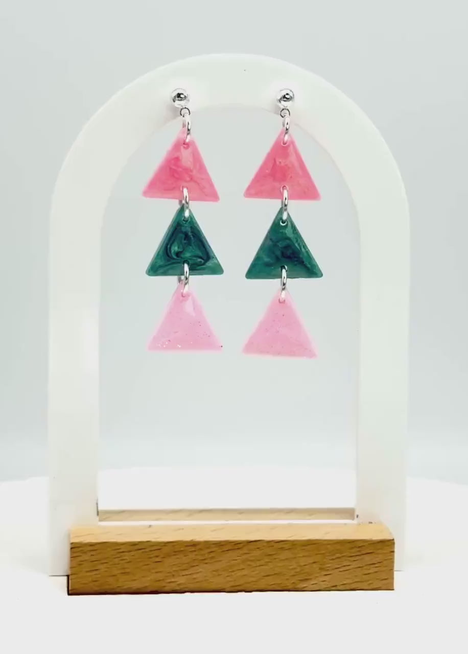 Resin Statement Earrings: Geometric Triangle Dangles, Pink & Teal Retro Flair