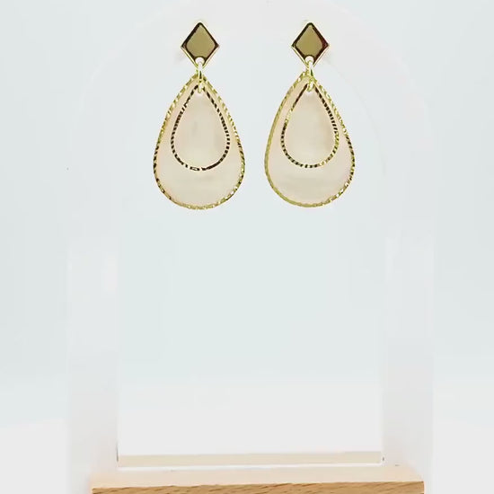 Gold Teardrop Pearl Resin Earrings: Handmade Bridal Dangle Jewelry