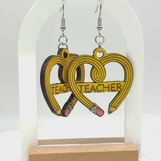 Customizable Teacher Pencil Heart Earrings – Woodcut & Engraved Design