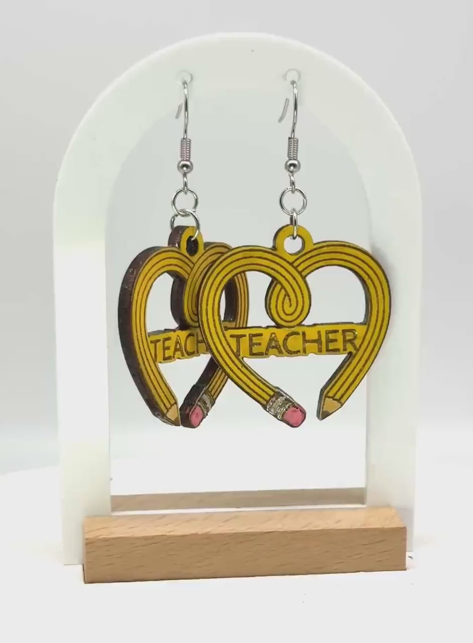 Customizable Teacher Pencil Heart Earrings – Woodcut & Engraved Design