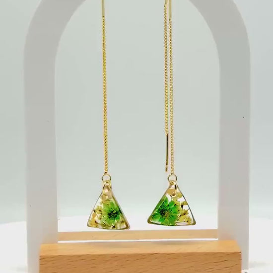 Handcrafted Resin Triangle Earrings – Green Floral Accents with Gold Threader