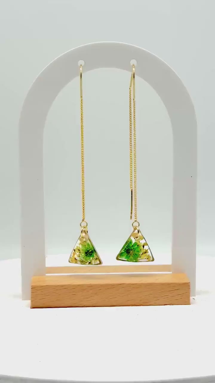 Handcrafted Resin Triangle Earrings – Green Floral Accents with Gold Threader