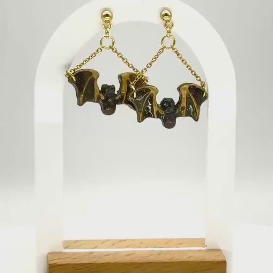 Halloween Earrings, Clay Earrings – Black Bat Chain Dangles in Resin & Gold | Spooky Fall Gift