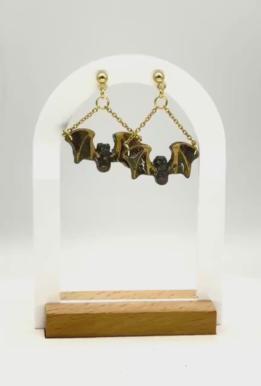 Halloween Earrings, Clay Earrings – Black Bat Chain Dangles in Resin & Gold | Spooky Fall Gift