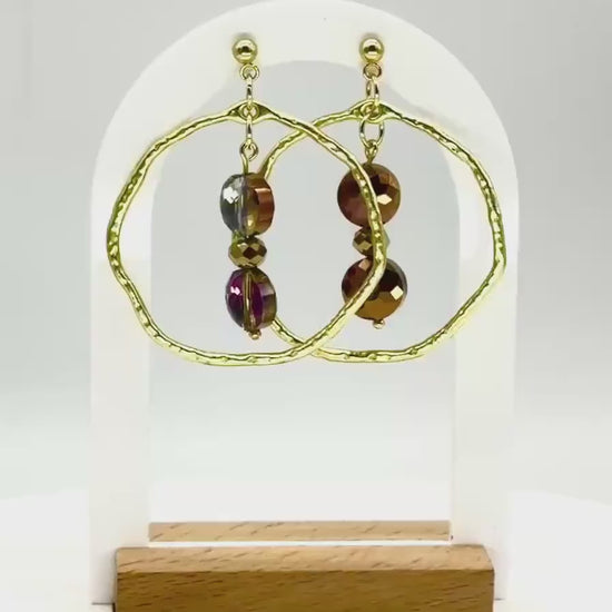 Hammered Gold Hoop Dangle Earrings: Autumn Glass Bead Statement Jewelry