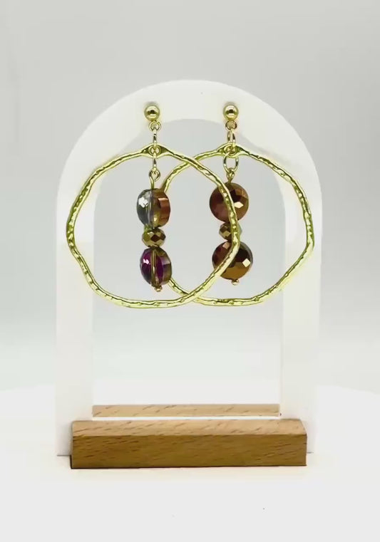 Hammered Gold Hoop Dangle Earrings: Autumn Glass Bead Statement Jewelry