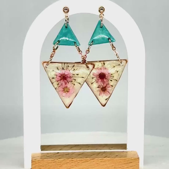 Teal & Pink Pressed Flower Resin Earrings: Geometric Statement Jewelry