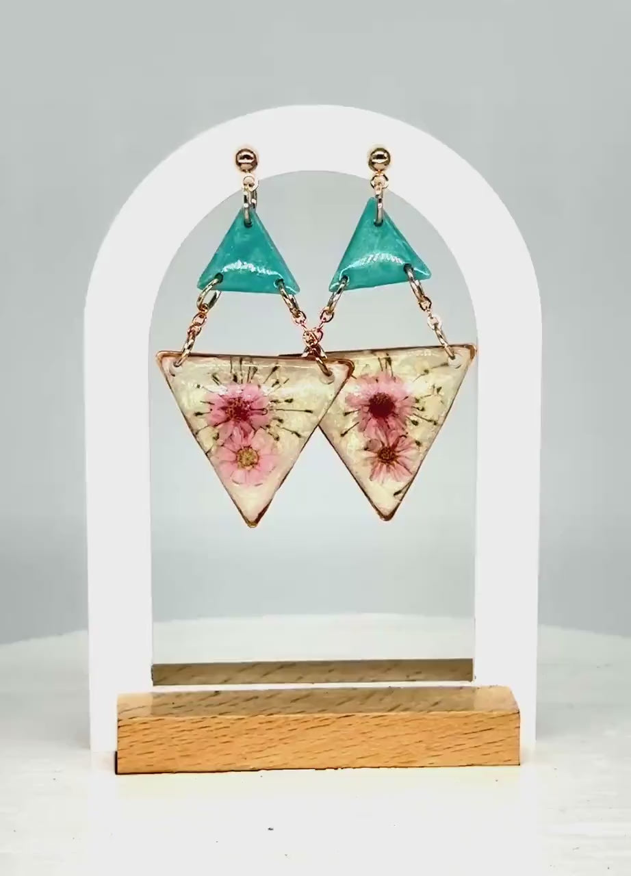 Teal & Pink Pressed Flower Resin Earrings: Geometric Statement Jewelry
