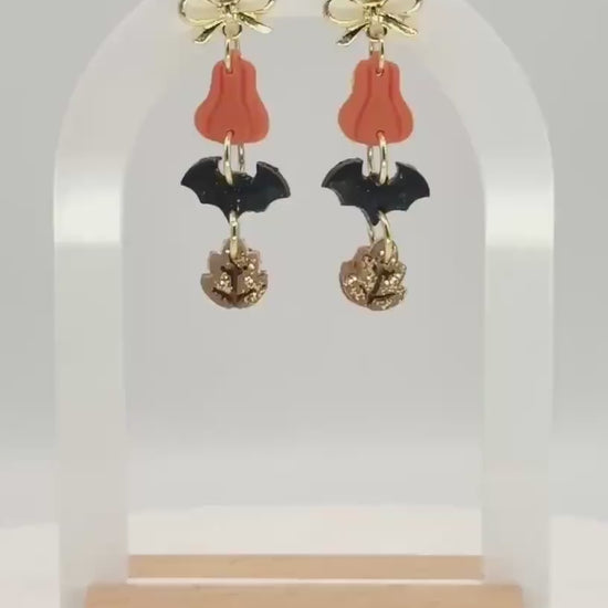 Pumpkin Bat Earrings • Clay & Glitter Dangles • Gold Bow Studs • Halloween Earrings • Spooky Cute Fall Jewelry • Autumn Party Gift