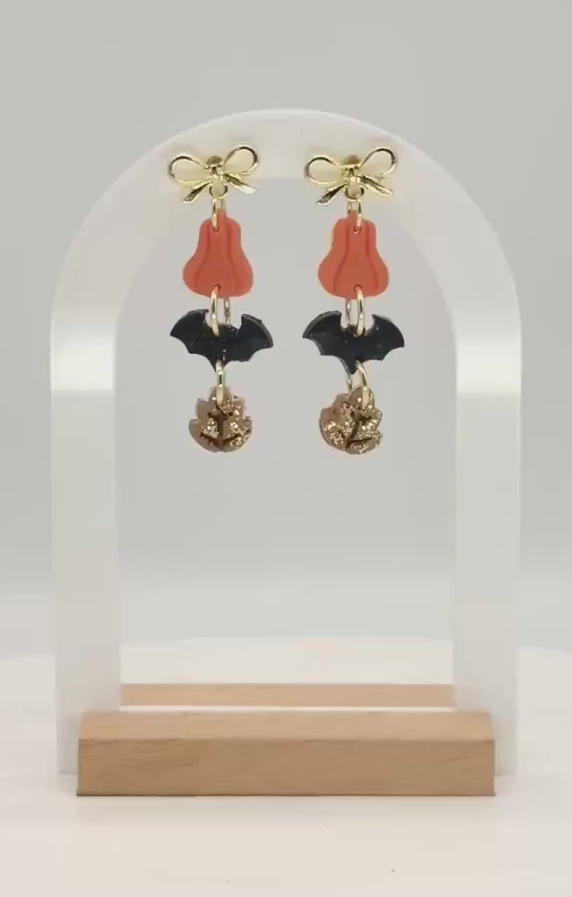 Pumpkin Bat Earrings • Clay & Glitter Dangles • Gold Bow Studs • Halloween Earrings • Spooky Cute Fall Jewelry • Autumn Party Gift