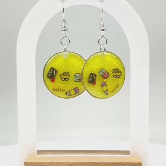 Cheerful Fun Teacher Appreciation Earrings – Sparkling Yellow Glitter & School Dangles