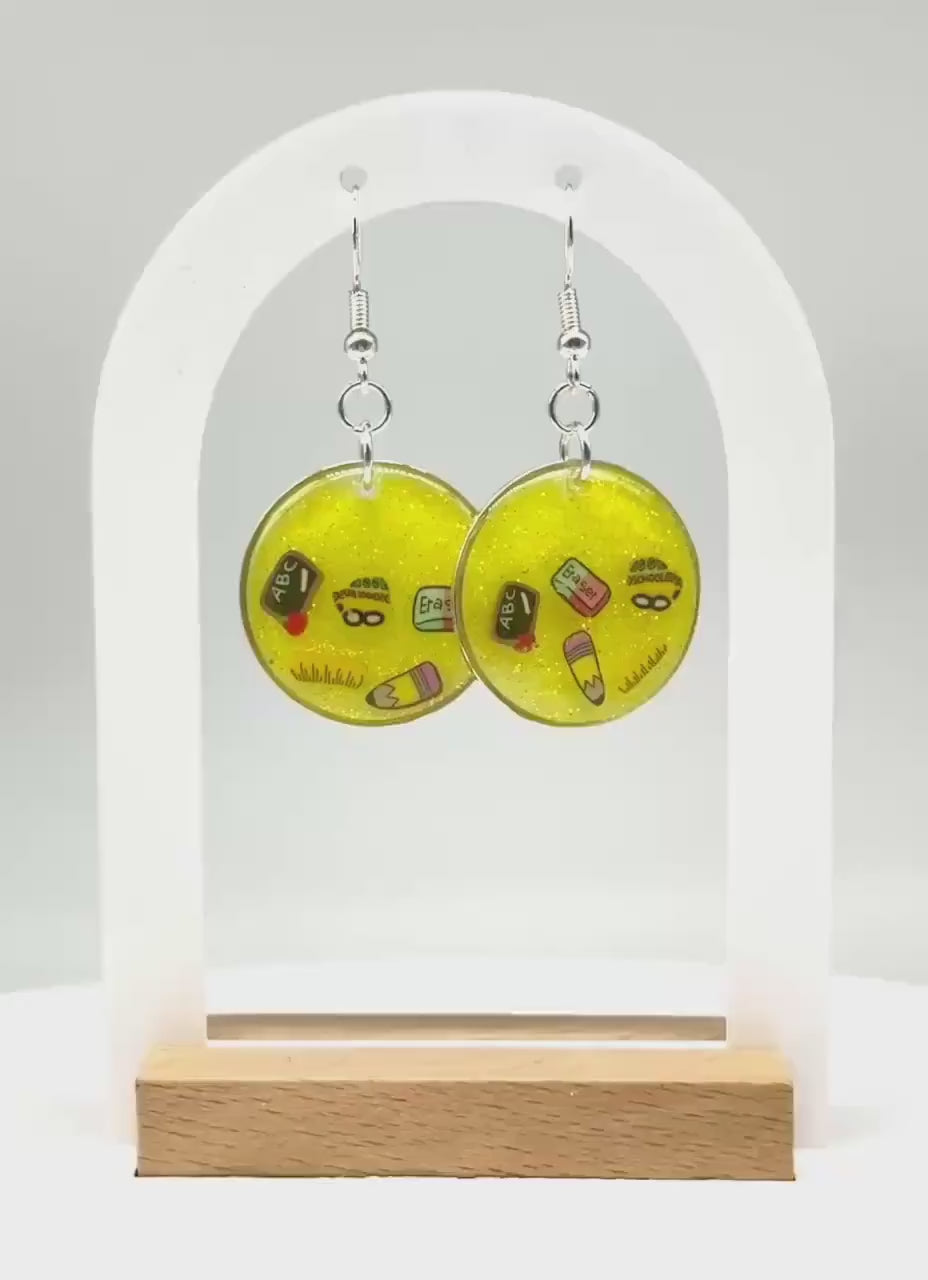 Cheerful Fun Teacher Appreciation Earrings – Sparkling Yellow Glitter & School Dangles