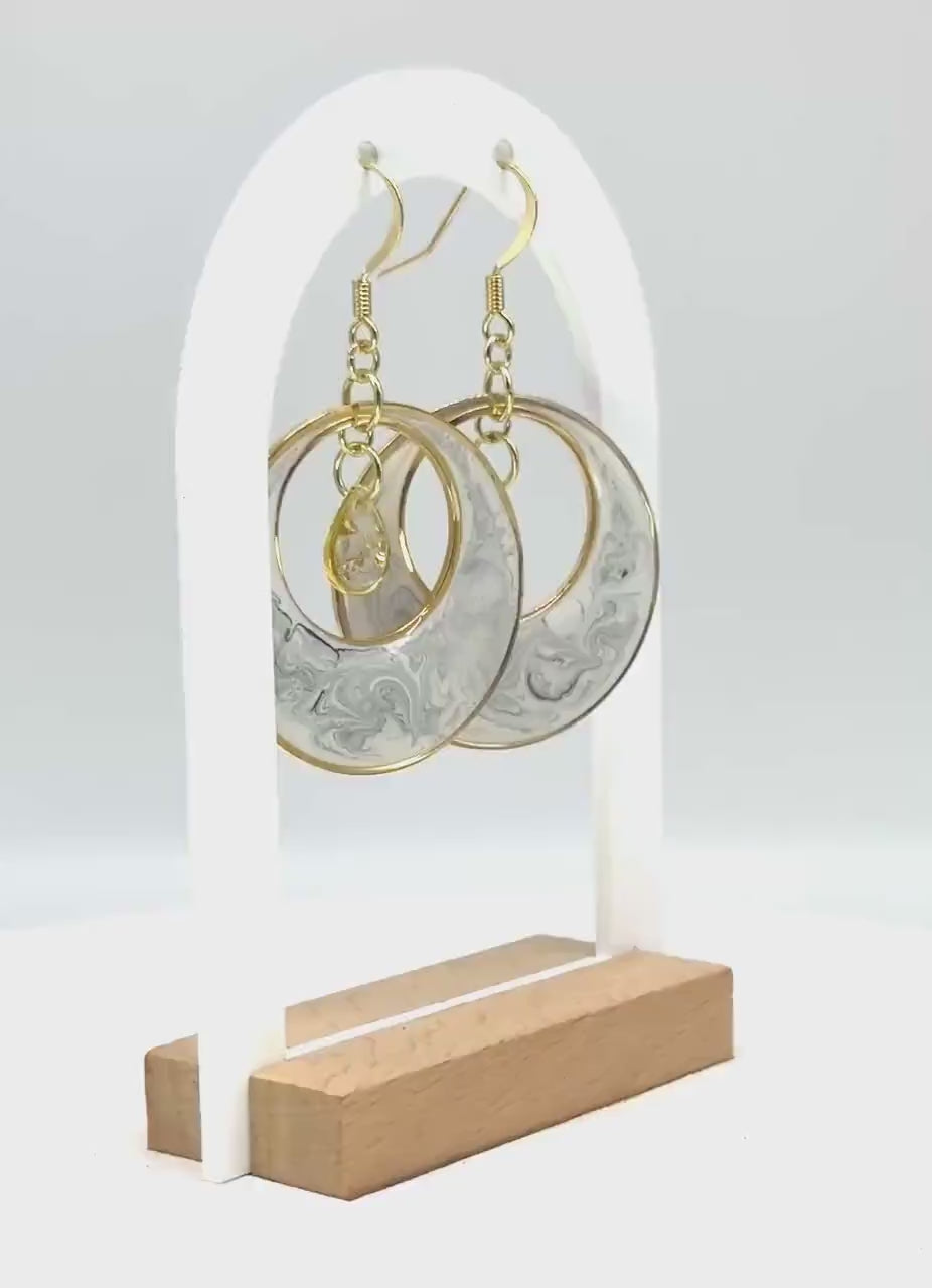 Handmade Swirl Resin Hoop Earrings – Modern Marble Design with Gold Accents
