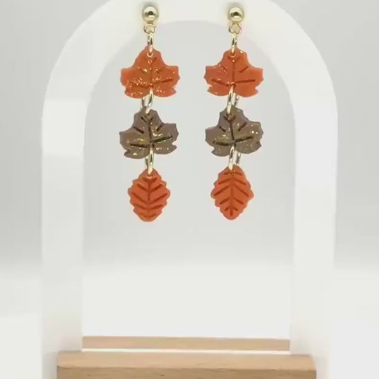 Polymer Clay Fall Leaf Earrings: Glittering Maple & Oak, Gold Posts