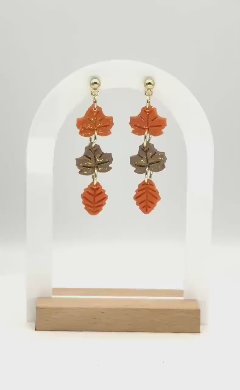 Polymer Clay Fall Leaf Earrings: Glittering Maple & Oak, Gold Posts