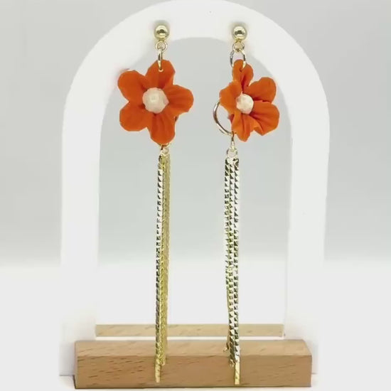 Flower Earrings, Clay Earrings – Orange Floral Dangles with Gold Bars | Asymmetrical Fall Jewelry Gif
