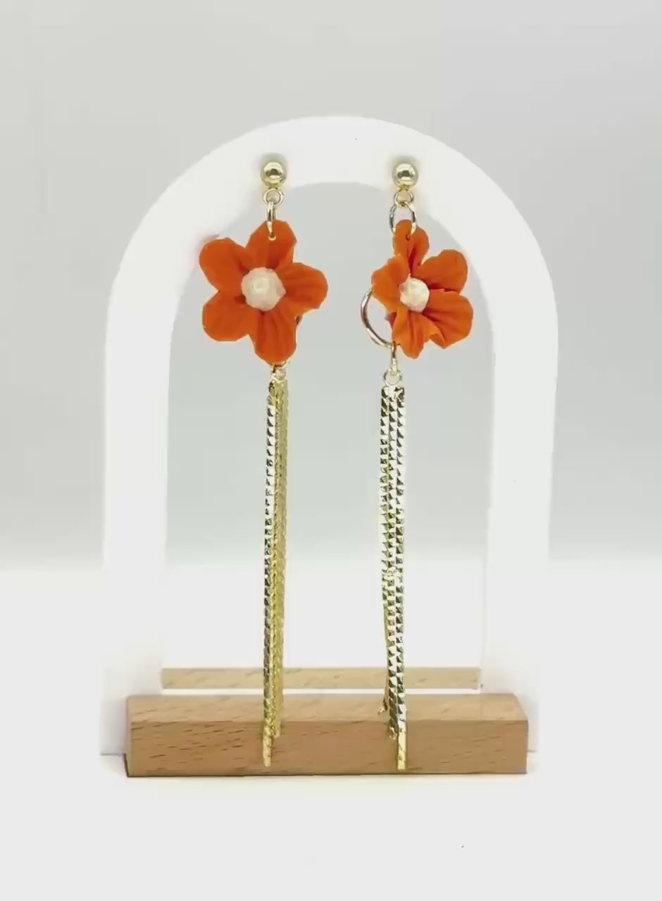 Flower Earrings, Clay Earrings – Orange Floral Dangles with Gold Bars | Asymmetrical Fall Jewelry Gif