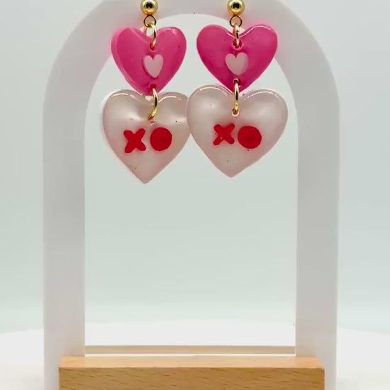 Valentine’s Day XO Heart Earrings – Pink & White Resin with Gold Studs