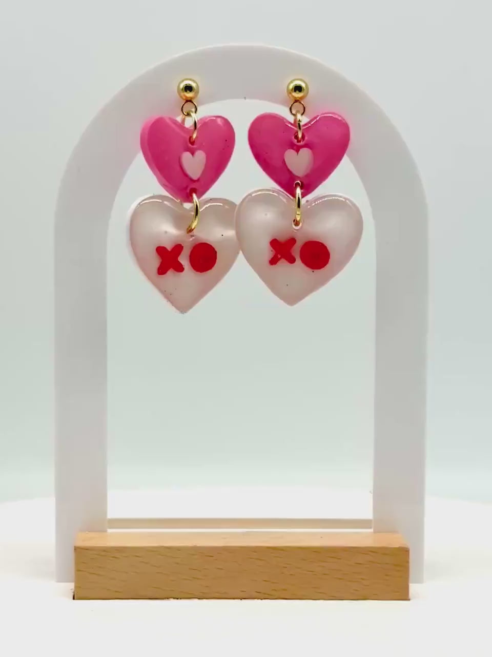 Valentine’s Day XO Heart Earrings – Pink & White Resin with Gold Studs