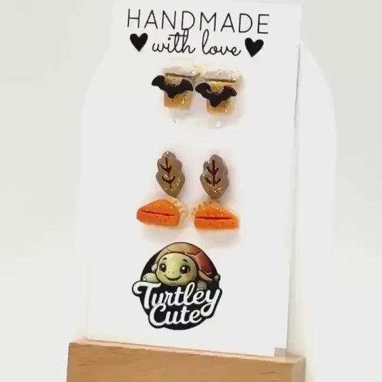 Fall Polymer Clay Stud Earring Set: Pumpkin Pie, PSL Coffee, Autumn Leaf