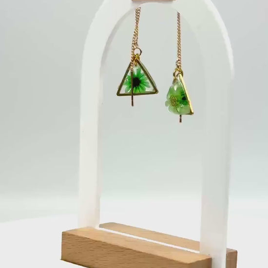 Resin Earrings – Real Green Flowers in Gold Triangle Pendant