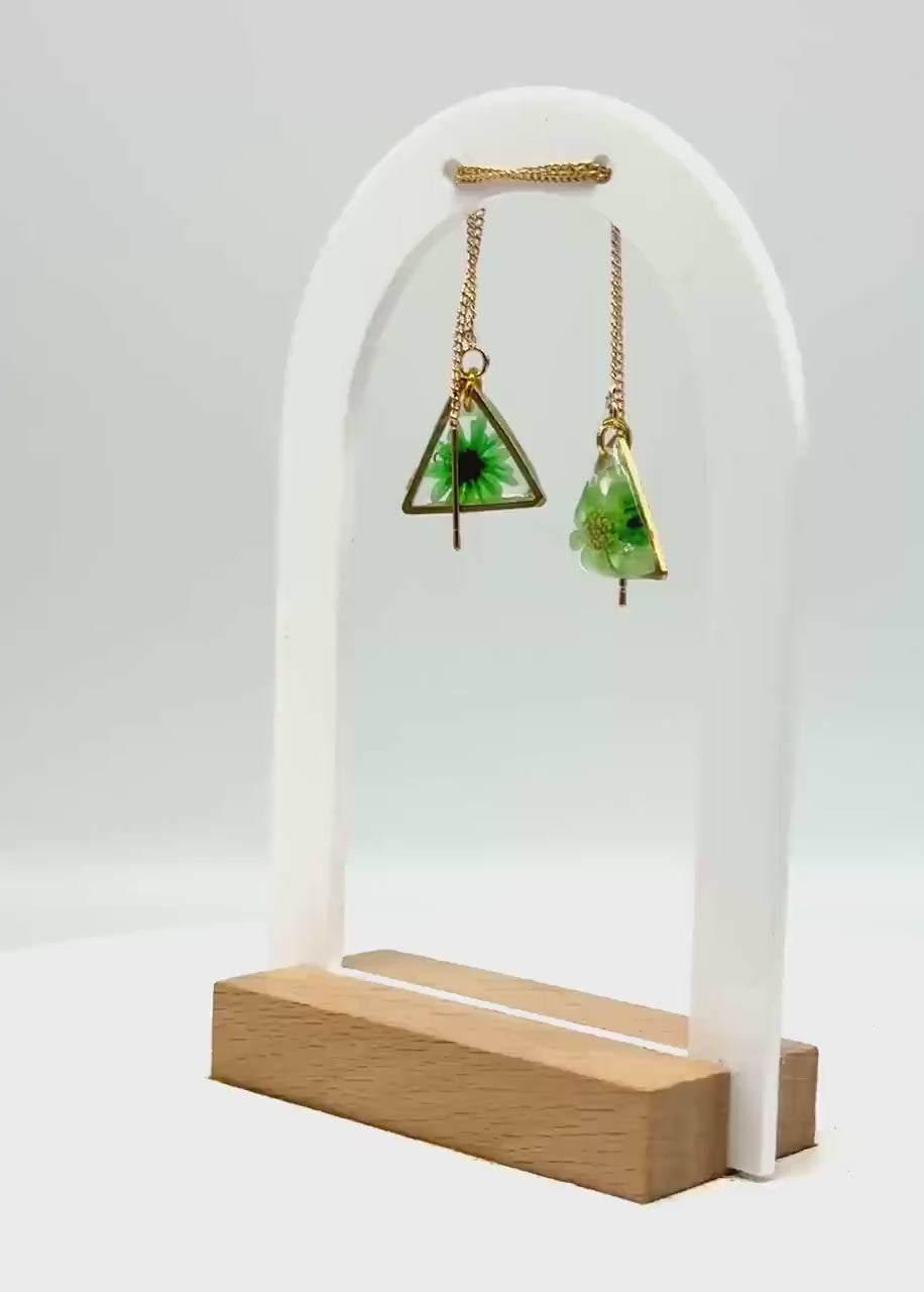 Resin Earrings – Real Green Flowers in Gold Triangle Pendant
