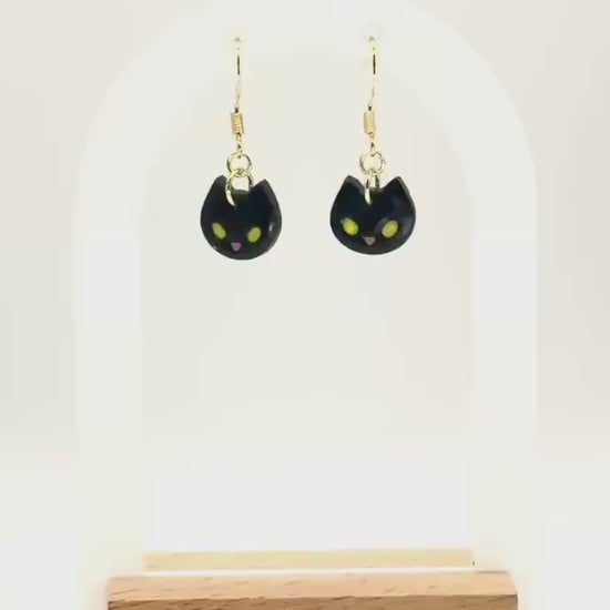 Kawaii Earrings, Whimsical Earrings – Black Cat Halloween Polymer Clay Dangles