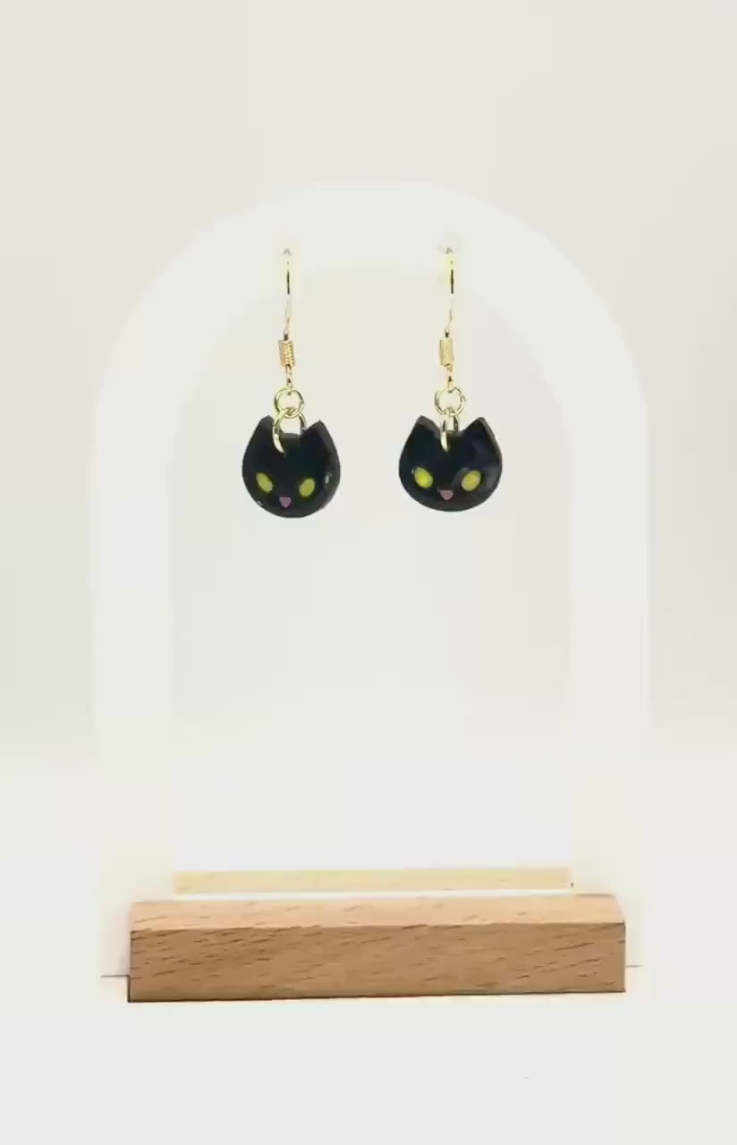 Kawaii Earrings, Whimsical Earrings – Black Cat Halloween Polymer Clay Dangles